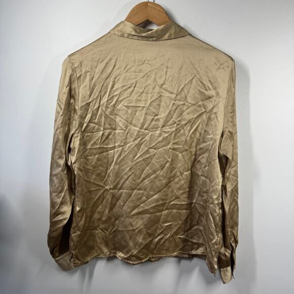 Talbots Top Women 12 Tan Pure Silk Button Up Long Sleeve Minimal Quite Luxury - Picture 2 of 6